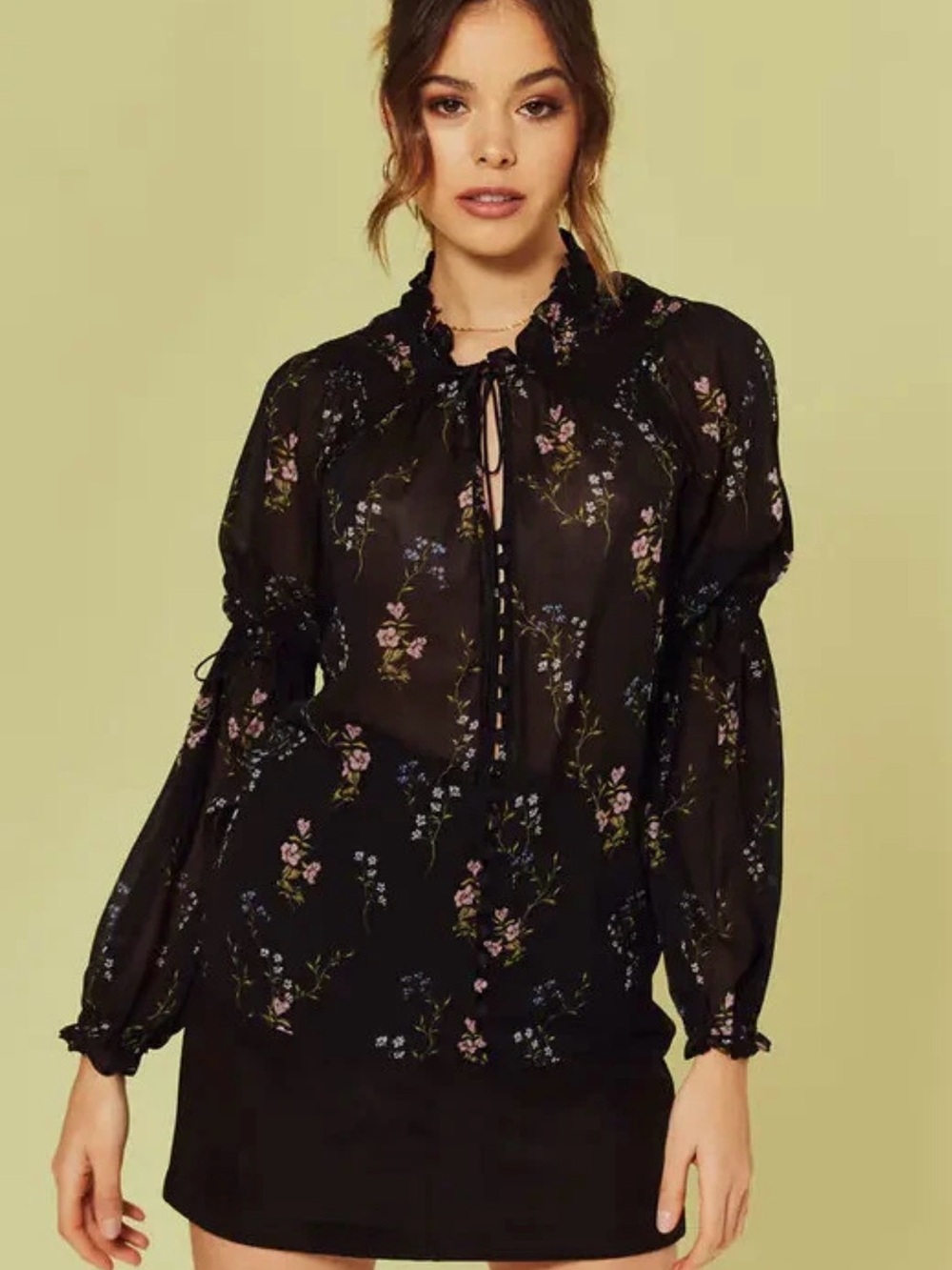 For Love & Lemons Delta Dainty Floral Sheer Tie Neck Blouse Size S